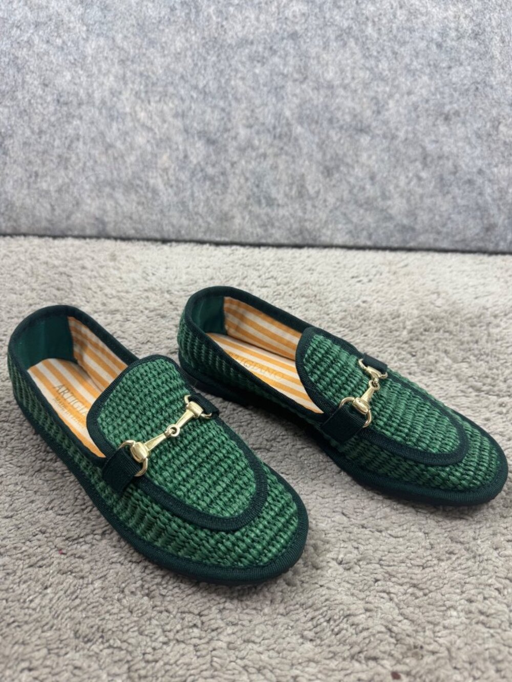Artigiano Italy Womens Green Loafers Sz 35 Gold Horsebit Handmade Knit Textured - Picture 14 of 14